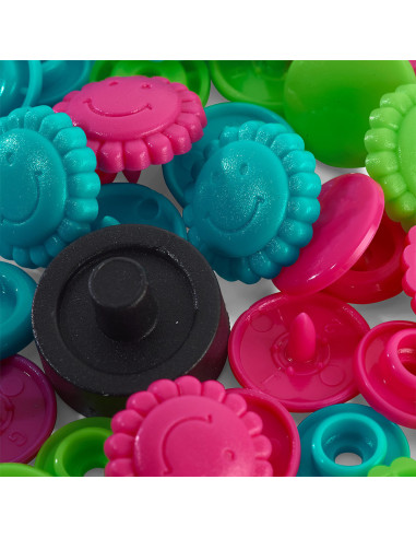 Juego de 21 botones a presión Color Snaps Flores 13,6 mm - Turquesa, verde y fucsia
