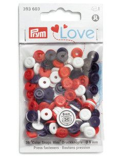 Juego de 36 botones a presión Color Snaps Mini 9 mm Óptico - Azul, blanco y rojo