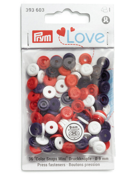 Juego de 36 botones a presión Color Snaps Mini 9 mm Óptico - Azul, blanco y rojo