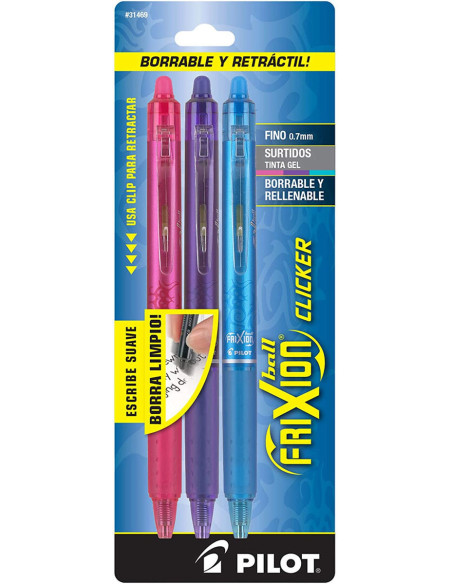 Set de 3 bolígrafos roller Pilot FriXion Ball Clicker - Fucsia, violeta y turquesa