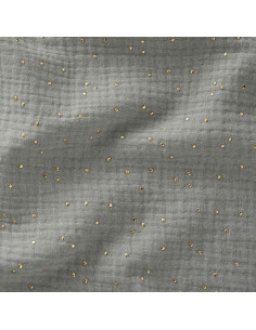 Tejido de doble gasa de algodón con mini lunares dorados - Verde grisáceo