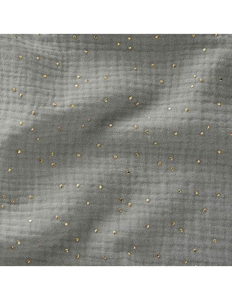 Tejido de doble gasa de algodón con mini lunares dorados - Verde grisáceo