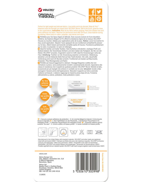 VELCRO® Brand Sleek & Thin adhesivo para textil 19mm x 60cm Blanco