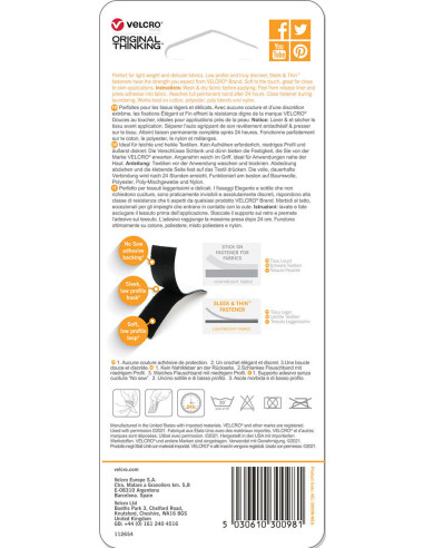 VELCRO® Brand Sleek & Thin adhesivo para textil 19mm x 60cm Negro