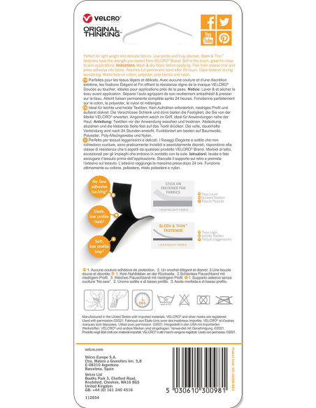 VELCRO® Brand Sleek & Thin adhesivo para textil 19mm x 60cm Negro