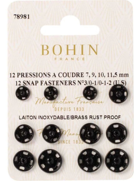 Surtido de botones de presión para coser 4 tamaños Bohin - Negro