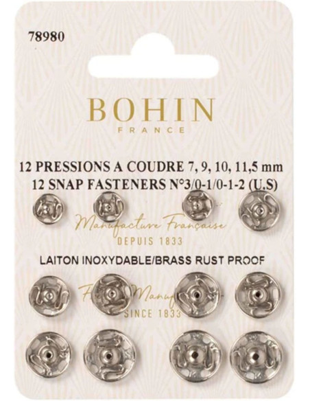 Surtido de botones de presión para coser 4 tamaños Bohin - Plata