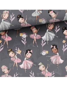 Tejido de algodón premium - Pequeñas bailarinas fondo gris