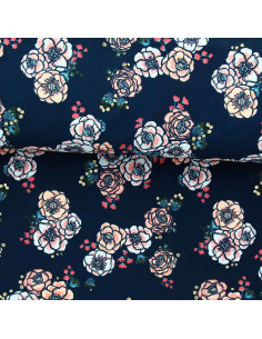 Tejido de lycra para traje de baño - Flores sobre fondo azul marino