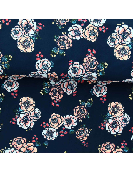 Tejido de lycra para traje de baño - Flores sobre fondo azul marino