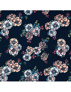 Tejido de lycra para traje de baño - Flores sobre fondo azul marino 2