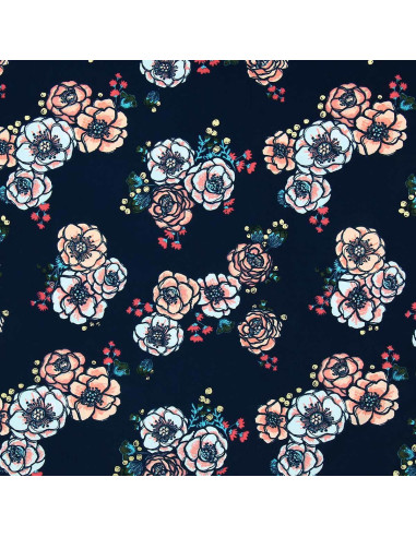 Tejido de lycra para traje de baño - Flores sobre fondo azul marino