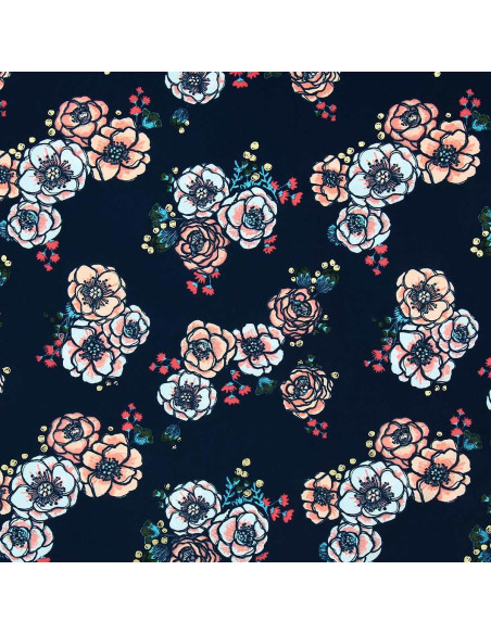 Tejido de lycra para traje de baño - Flores sobre fondo azul marino