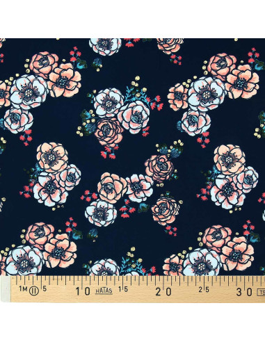Tejido de lycra para traje de baño - Flores sobre fondo azul marino