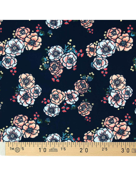 Tejido de lycra para traje de baño - Flores sobre fondo azul marino