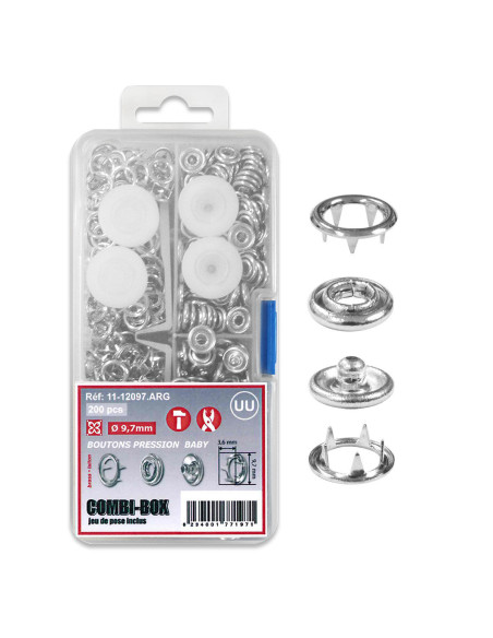 Combi-Box 200 botones de presión jersey bebé - Plata 9,7 mm
