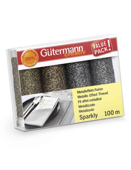Set de 4 hilos de coser Gütermann Sparkly - Oro y plata