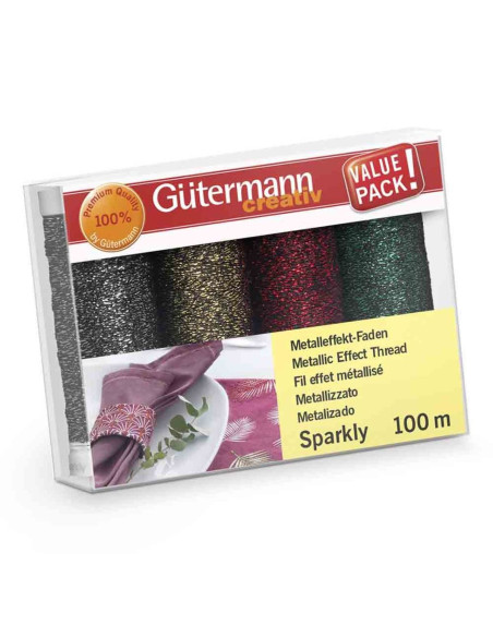 Juego de 4 hilos de coser Gütermann Sparkly - Plata, oro, rojo y verde