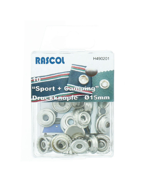 Caja de 10 botones de presión deporte camping Rascol - 15 mm plata
