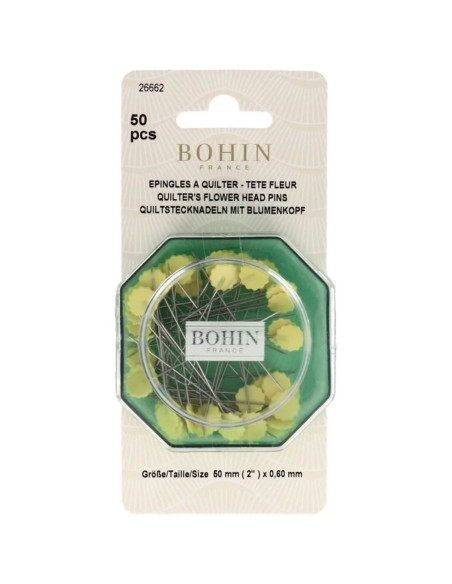 Caja de 50 alfileres para acolchar con cabeza de flor amarilla de plástico Bohin