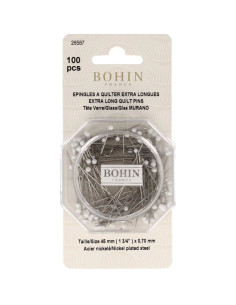 Caja de 100 alfileres de cabeza de vidrio extra largos blancos Bohin