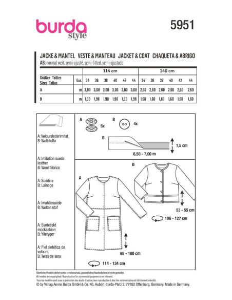 Patrón de chaqueta y abrigo - Burda 5951