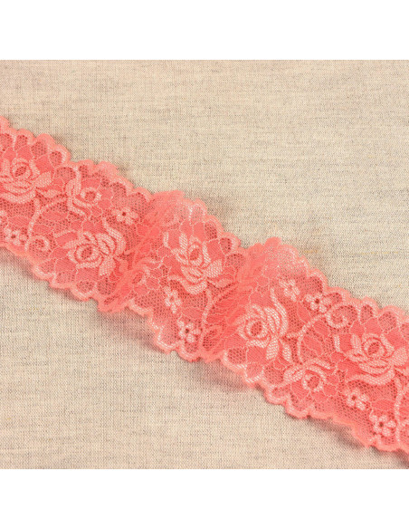 Encaje elástico flores y tallos - Coral