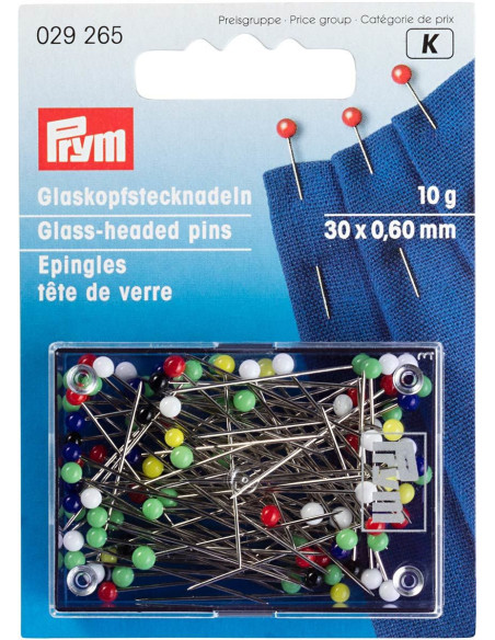 Caja de 10 grs de alfileres con cabeza de vidrio extrafinos surtidos Prym