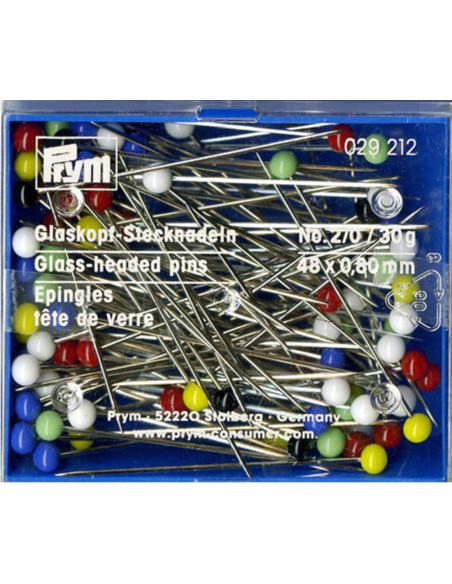 Caja de 30 g de alfileres con cabeza de vidrio extra largos surtidos Prym