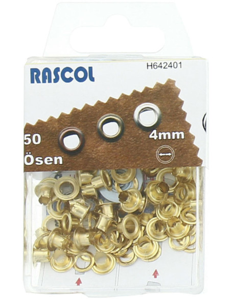 Caja de 50 ojales de 4 mm con herramienta de colocación Rascol - Oro
