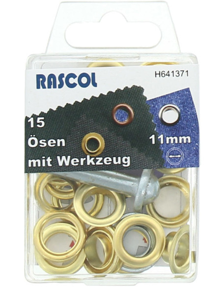 Caja de 15 ojales de 11 mm con herramienta de colocación Rascol - Oro