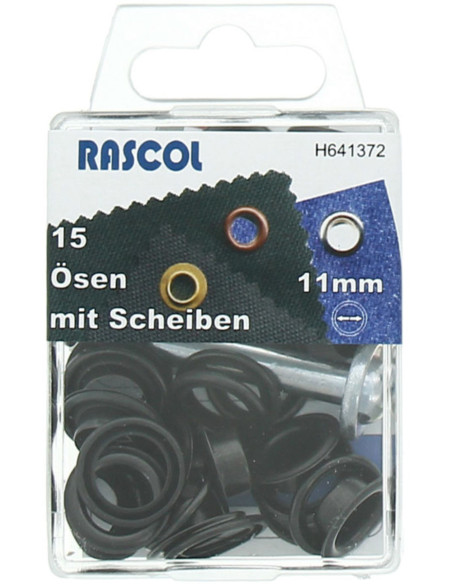 Caja de 15 ojales de 11 mm con herramienta de colocación Rascol - Negro
