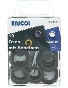Caja de 10 ojales de 14 mm con herramienta de colocación Rascol - Negro