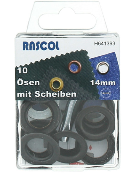 Caja de 10 ojales de 14 mm con herramienta de colocación Rascol - Negro