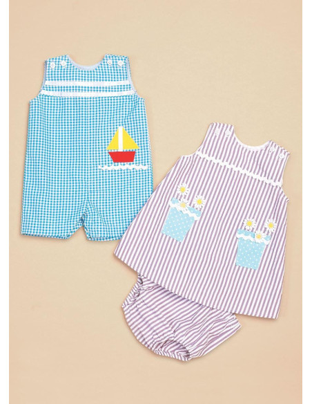 Patrón de peto, vestido y pantalones cortos para bebés - Butterick 6905
