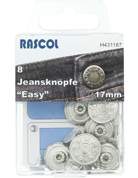 Caja de 8 botones vaqueros 17mm Rascol - Plata brillante estrellas