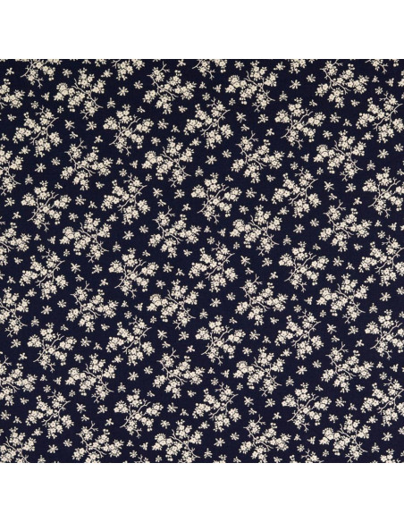 Tejido de algodón vintage - Fondo azul marino con pequeñas flores crudas