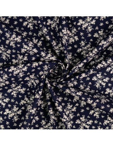 Tejido de algodón vintage - Fondo azul marino con pequeñas flores crudas