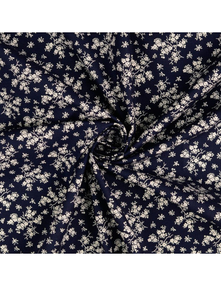 Tejido de algodón vintage - Fondo azul marino con pequeñas flores crudas