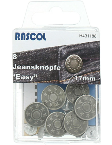 Caja de 8 botones vaqueros 17mm Rascol - Plata mate estrellas
