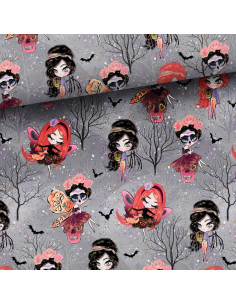 Tela de sudadera - Hadas de Halloween fondo gris