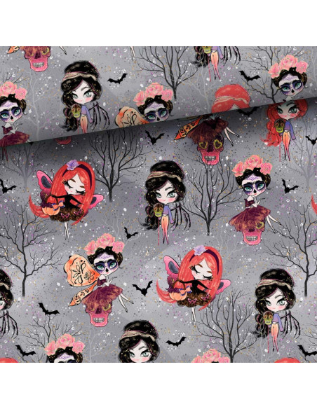 Tela de sudadera - Hadas de Halloween fondo gris