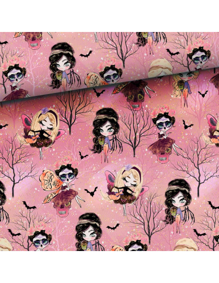 Tela de sudadera - Hadas de Halloween fondo rosa