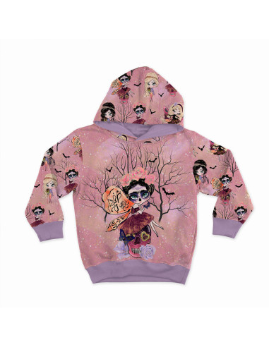 Tela de sudadera - Hadas de Halloween fondo rosa