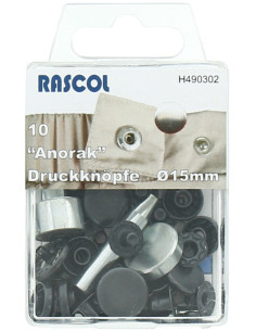Caja de 10 botones de presión anorak Rascol - 15 mm negro