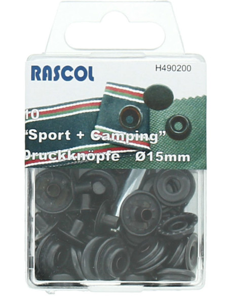 Caja de 10 botones de presión deporte camping Rascol - 15 mm negro