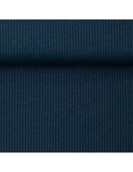 Tejido de punto jersey de algodón fino acanalado - Azul petróleo