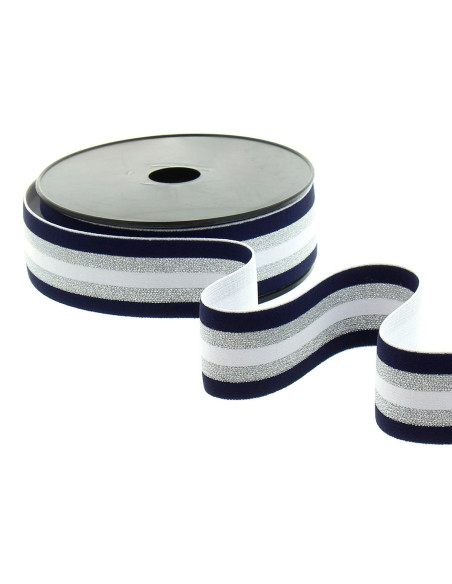 Elástico fantasía lúrex rayado azul marino, blanco y plata 40 mm