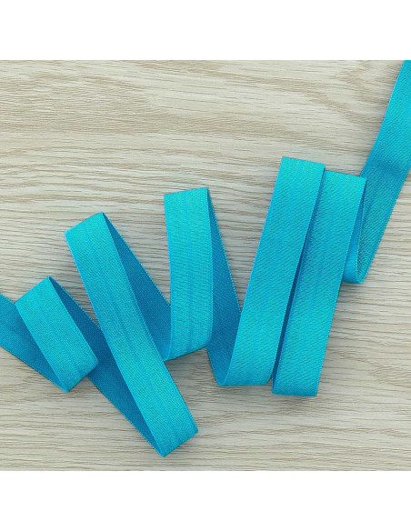 Cinta al bies elástica pre-plegada satinada de 15 mm de ancho - Azul turquesa