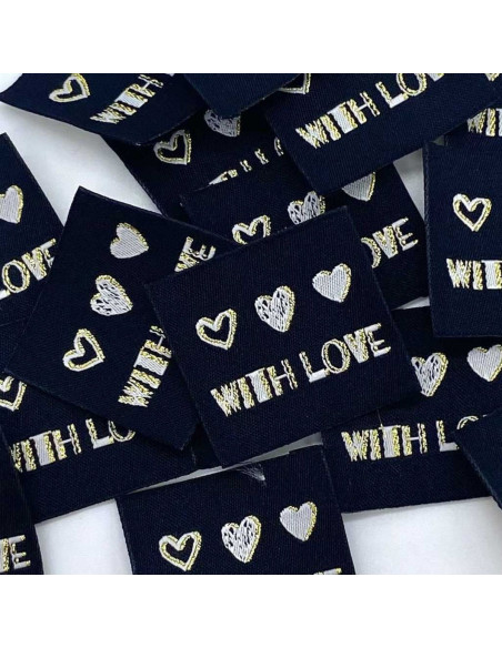 Lote de 5 etiquetas tejidas para coser With Love lurex